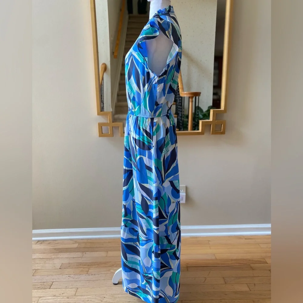 LOFT Blue Green Abstract Print Ruffle Sleeve Maxi Dress Large Petite - Picture 4 of 15